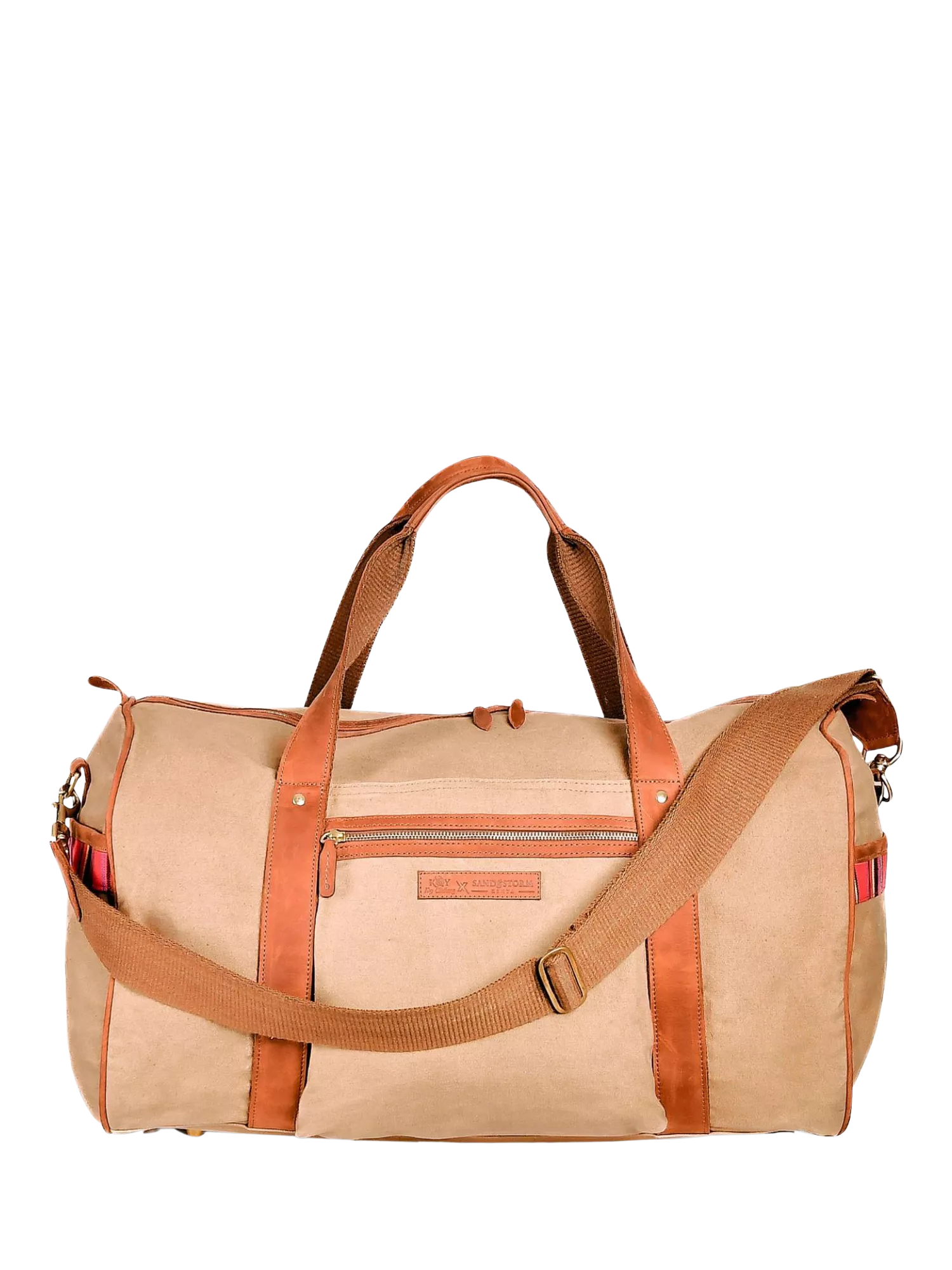 KOY Explorer tan duffle bag with hand-woven Kikoy fabric (British brand)