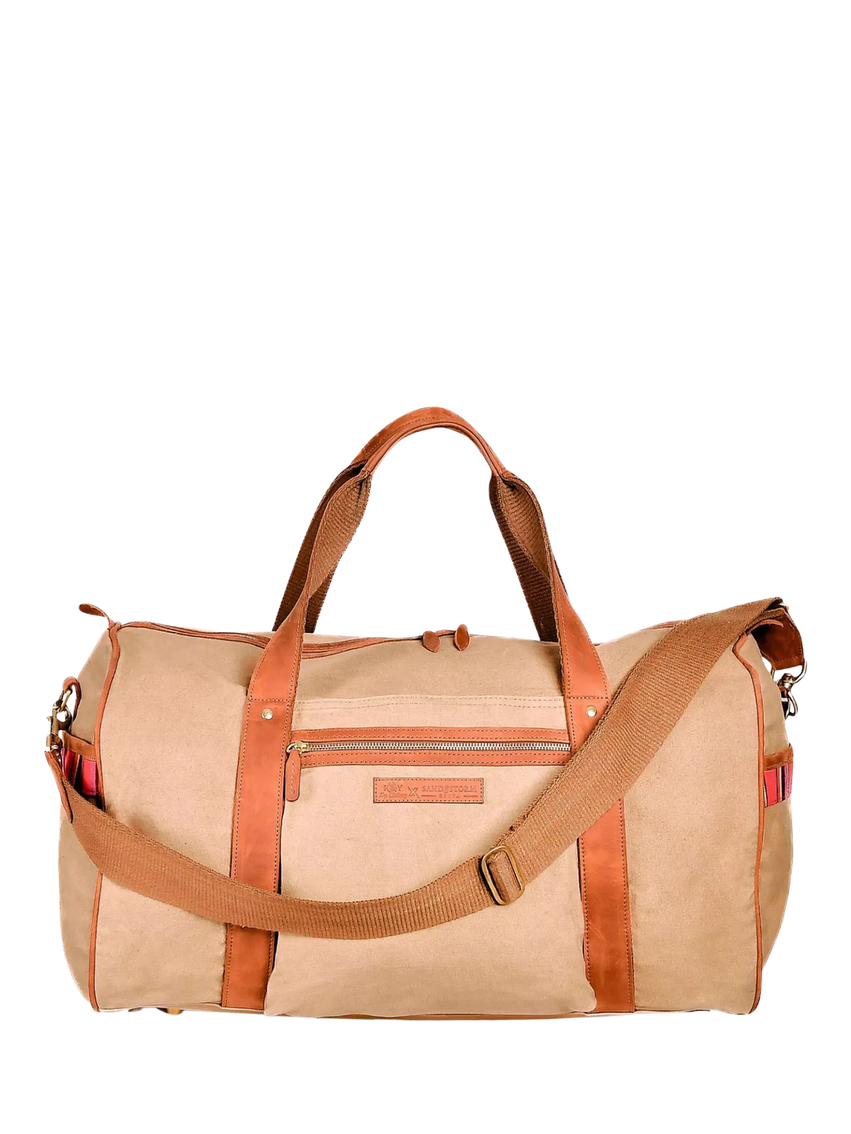 KOY Explorer tan duffle bag with hand-woven Kikoy fabric (British brand)