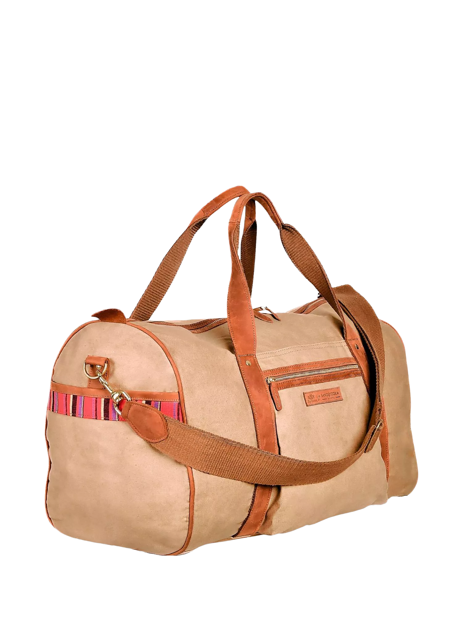 KOY Explorer tan duffle bag with hand-woven Kikoy fabric (British brand)