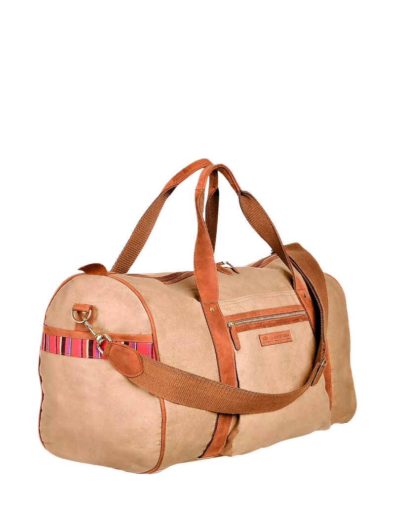 KOY Explorer tan duffle bag with hand-woven Kikoy fabric (British brand)