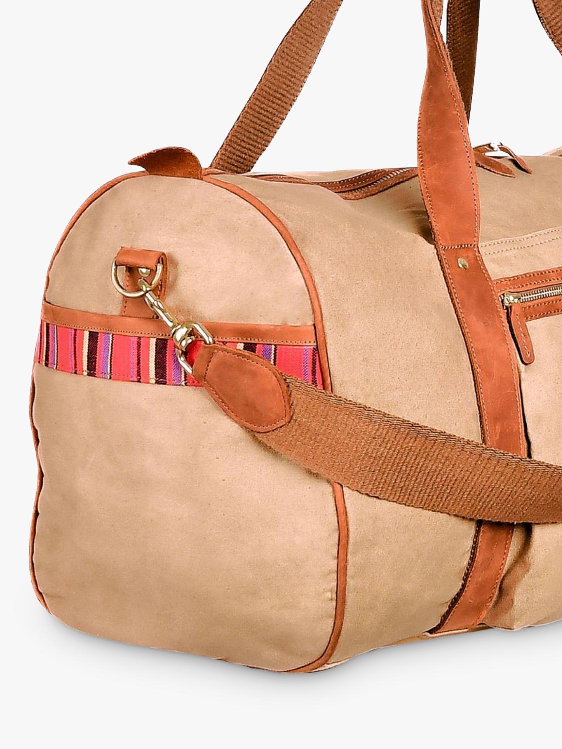KOY Explorer tan duffle bag with hand-woven Kikoy fabric (British brand)