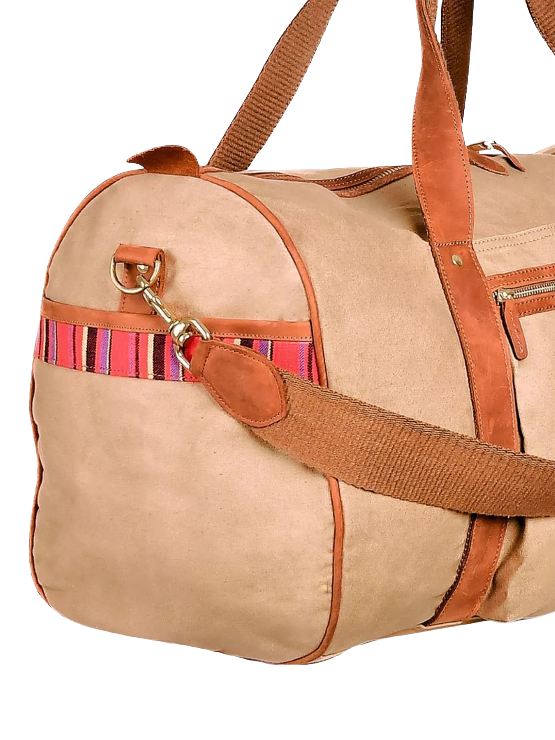 KOY Explorer tan duffle bag with hand-woven Kikoy fabric (British brand)