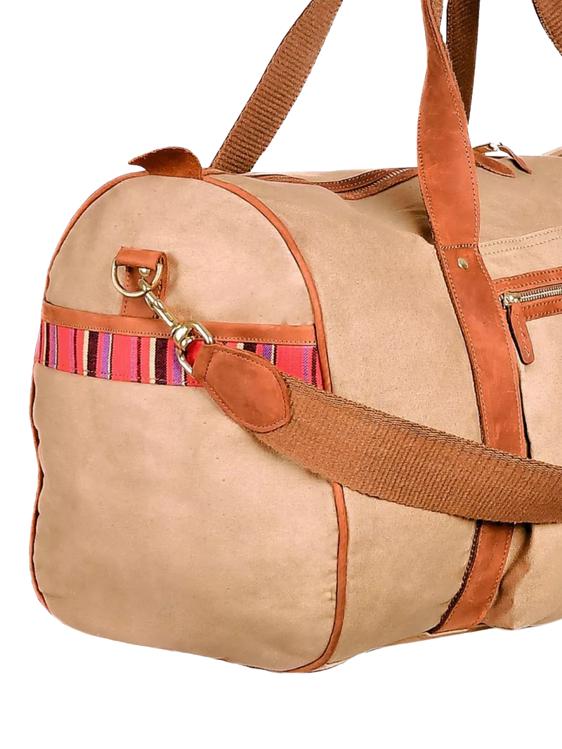 KOY Explorer tan duffle bag with hand-woven Kikoy fabric (British brand)