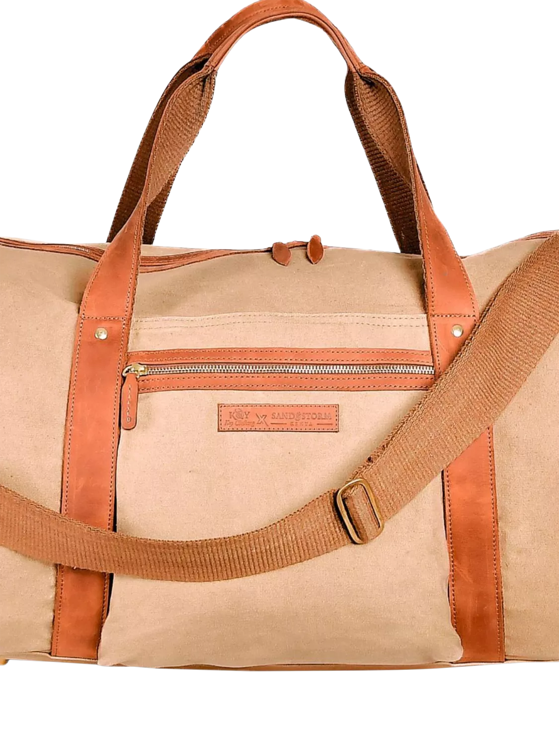 KOY Explorer tan duffle bag with hand-woven Kikoy fabric (British brand)
