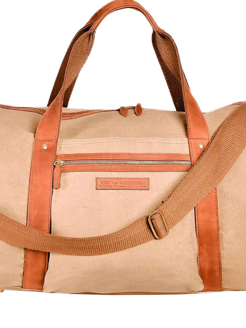 KOY Explorer tan duffle bag with hand-woven Kikoy fabric (British brand)