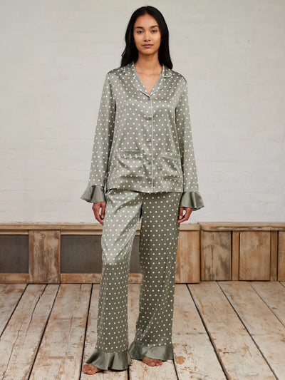 Pyjama long en satin à pois Chelsea Peers, Kaki