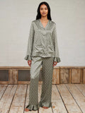 Chelsea Peers Spot Long Sleeve Satin Pyjamas, Khaki