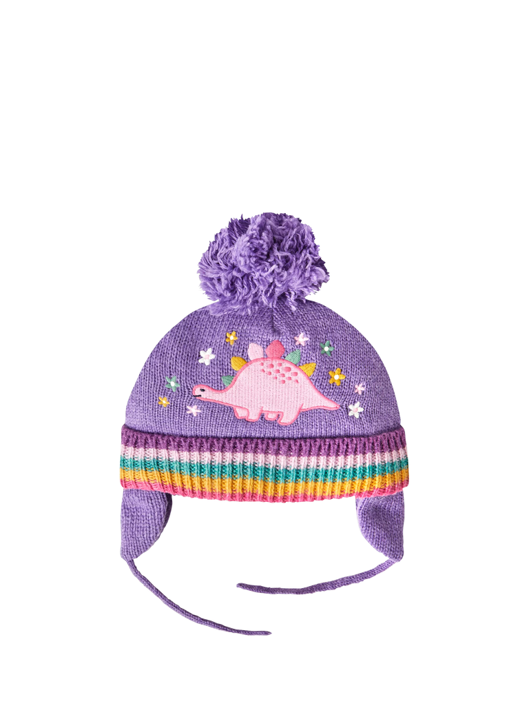 JoJo Maman Bébé Kids' Dinosaur Embroidered Bobble Hat, Lilac/Multi