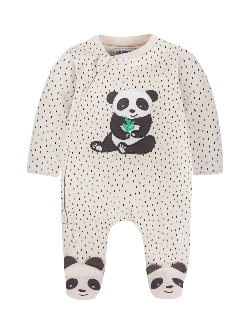 JoJo Maman Bébé Baby Panda Applique Sleepsuit, Stone/Black - McGrocer