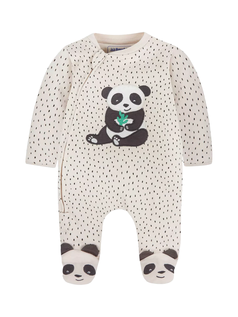 JoJo Maman Bébé Baby Panda Applique Sleepsuit, Stone/Black