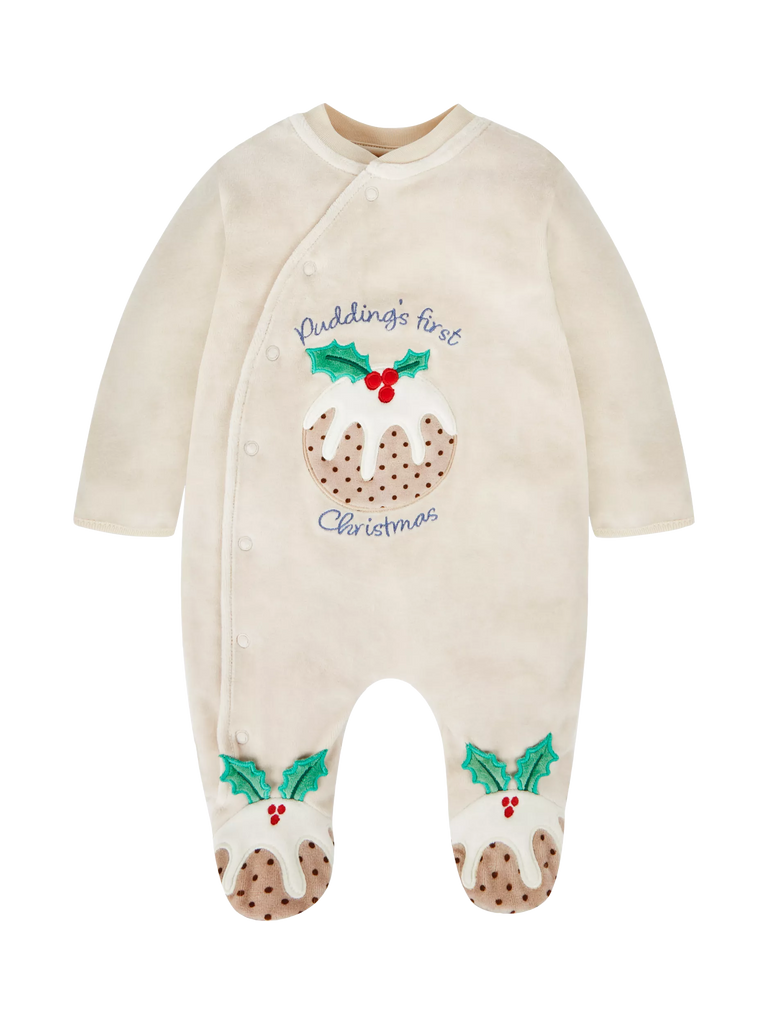 JoJo Maman Bébé Baby Christmas Pudding Appliqué Zip Sleepsuit, Stone/Multi