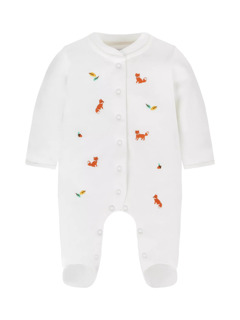 JoJo Maman Bébé Baby Cotton Woodland Embroidered Sleepsuit, Cream/Multi