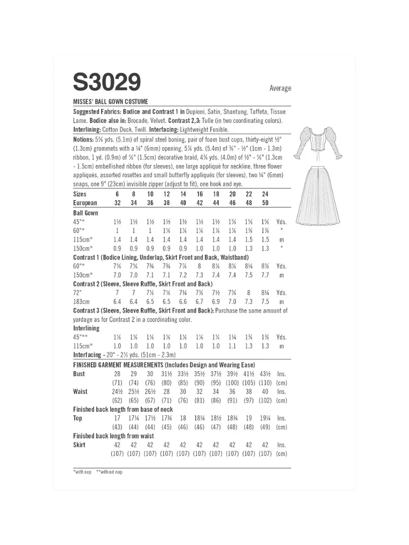 Simplicity ball gown costume sewing pattern S3029 (British brand)