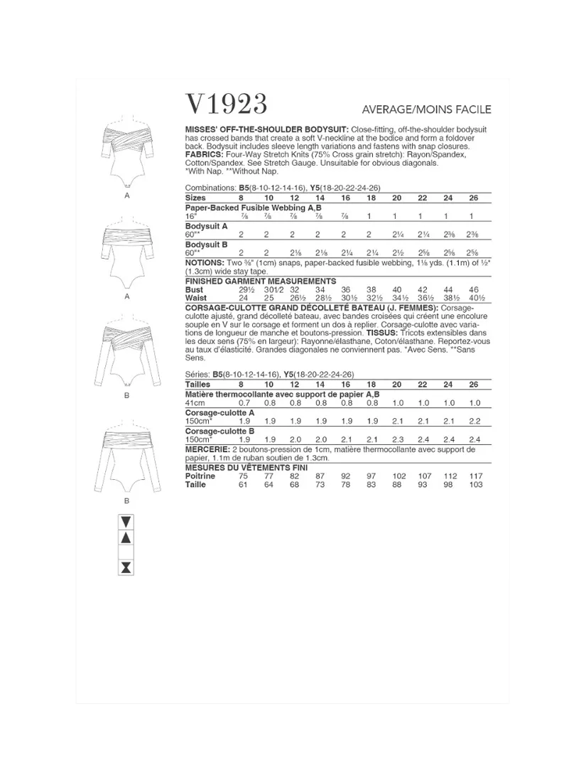 Simplicity V1923 bodysuit sewing pattern for misses - British product