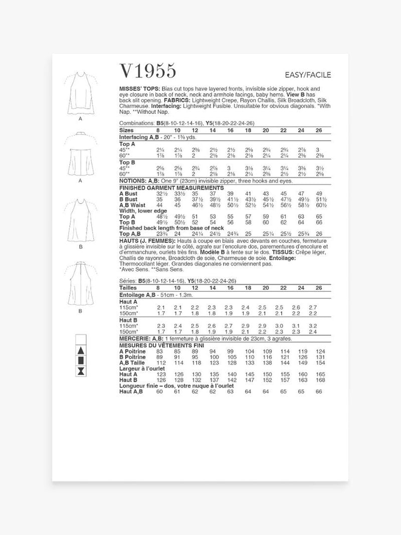 Simplicity sewing pattern V1955 bias cut tops, imported from the UK