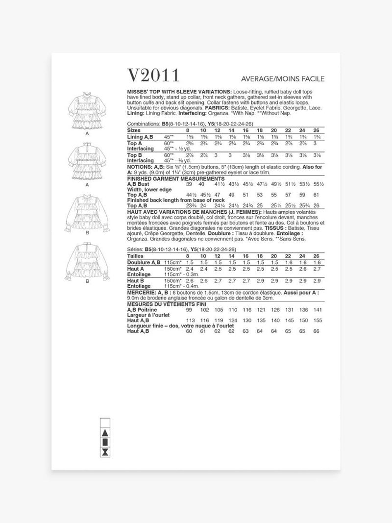 Simplicity V2011 Baby Doll Tops Schnittmuster, importiert aus dem Vereinigten Königreich