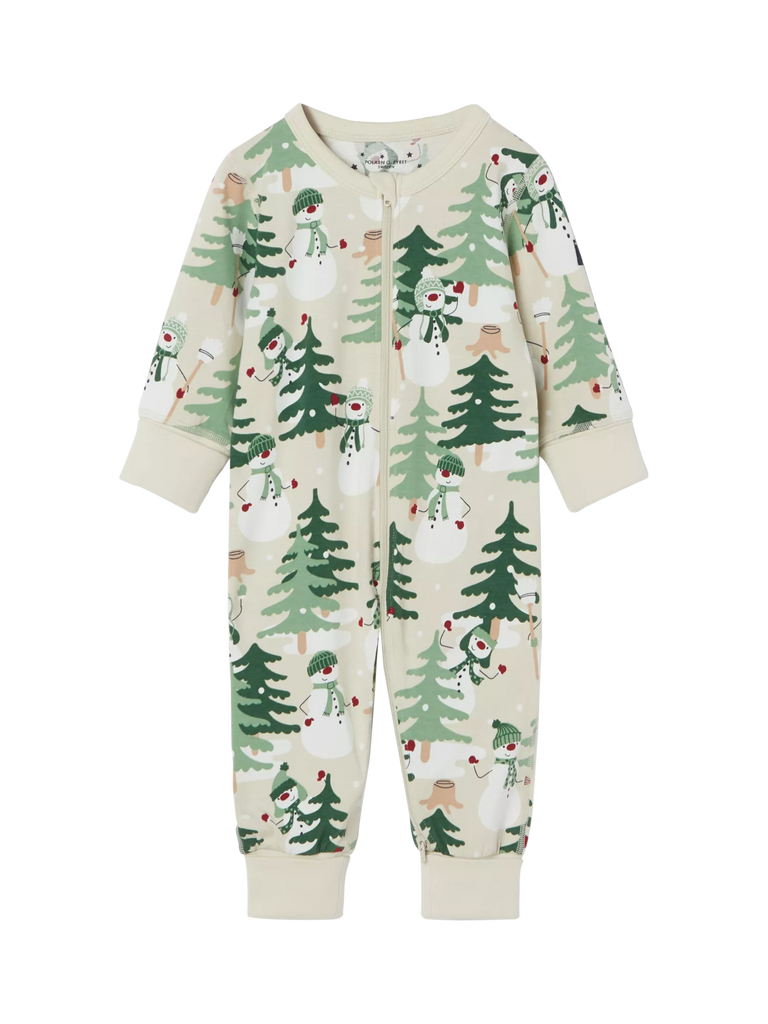 Polarn O. Pyret Baby Snowman Forest Print Sleepsuit, Natural/Multi