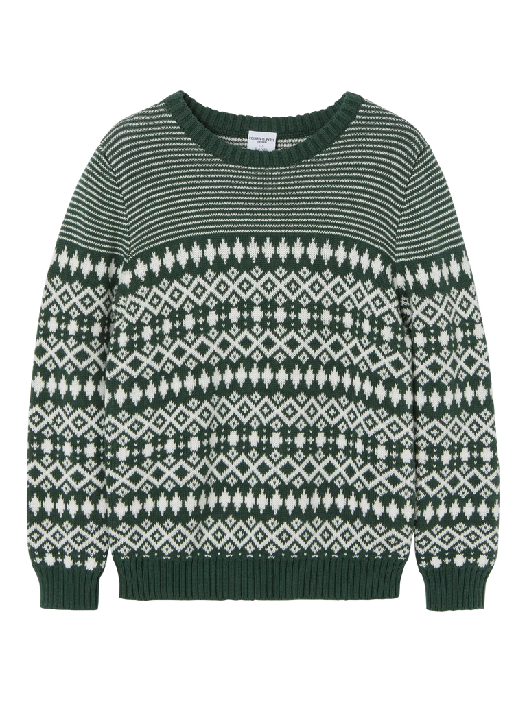 Polarn O. Pyret Kids' Organic Cotton Christmas Jumper Fairisle Snowflake Jumper, Green