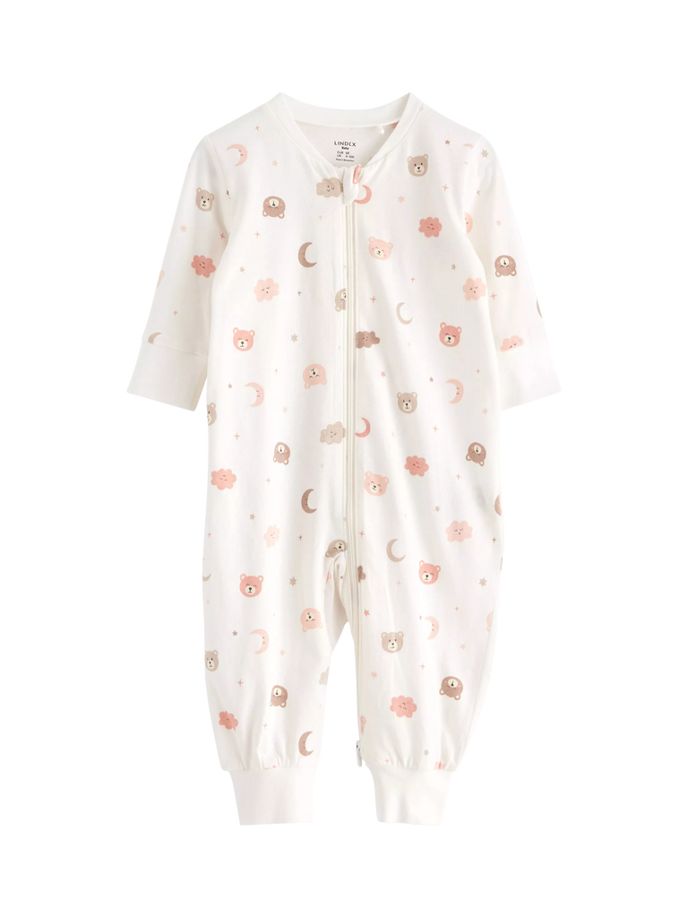 Lindex Baby Bear Print Sleepsuit, Dusty White