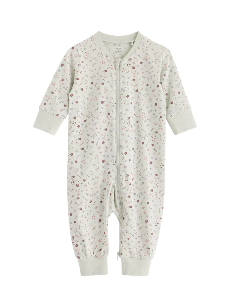 Lindex Baby Organic Cotton Floral Print Sleepsuit, Light Aqua