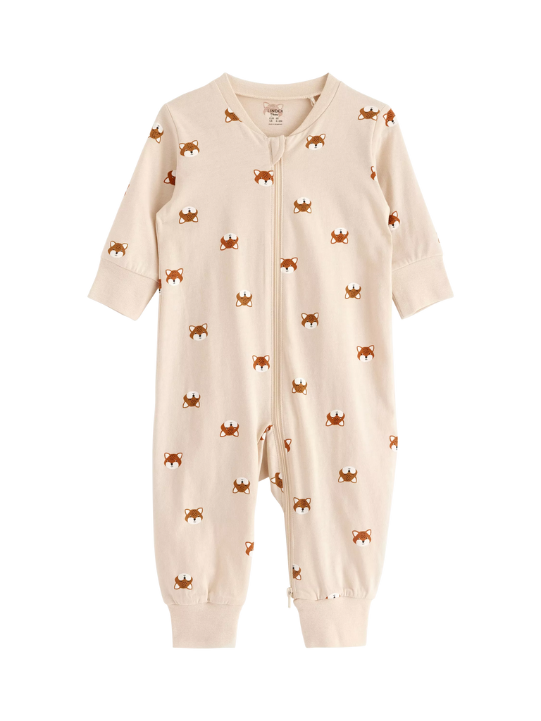 Lindex Baby Organic Cotton Fox Print Sleepsuit, Light Beige