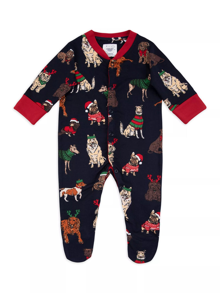 Chelsea Peers Baby Seasonal Dog Print Sleepsuit, Navy