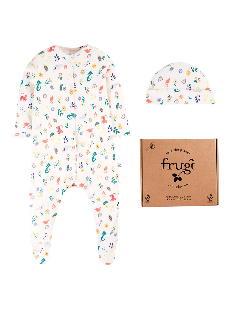 Frugi Baby Reve Rib Sleepsuit & Beanie Hat Gift Set, Multi