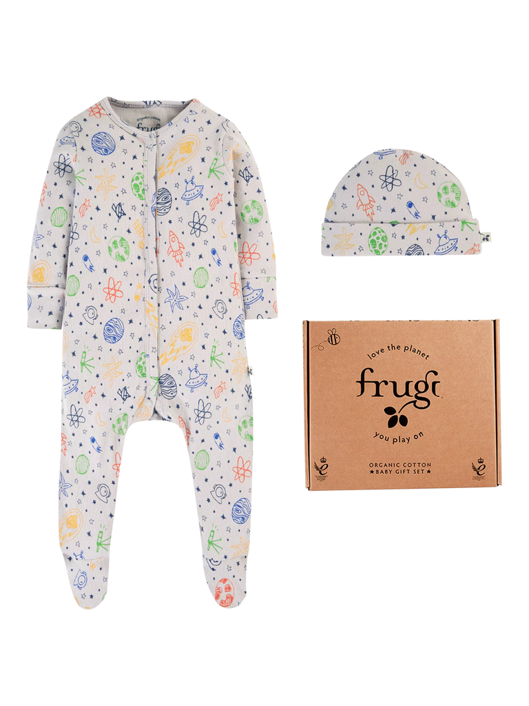 Frugi Baby Rey Sleepsuit & Hat Gift Set, Dream Big/Grey