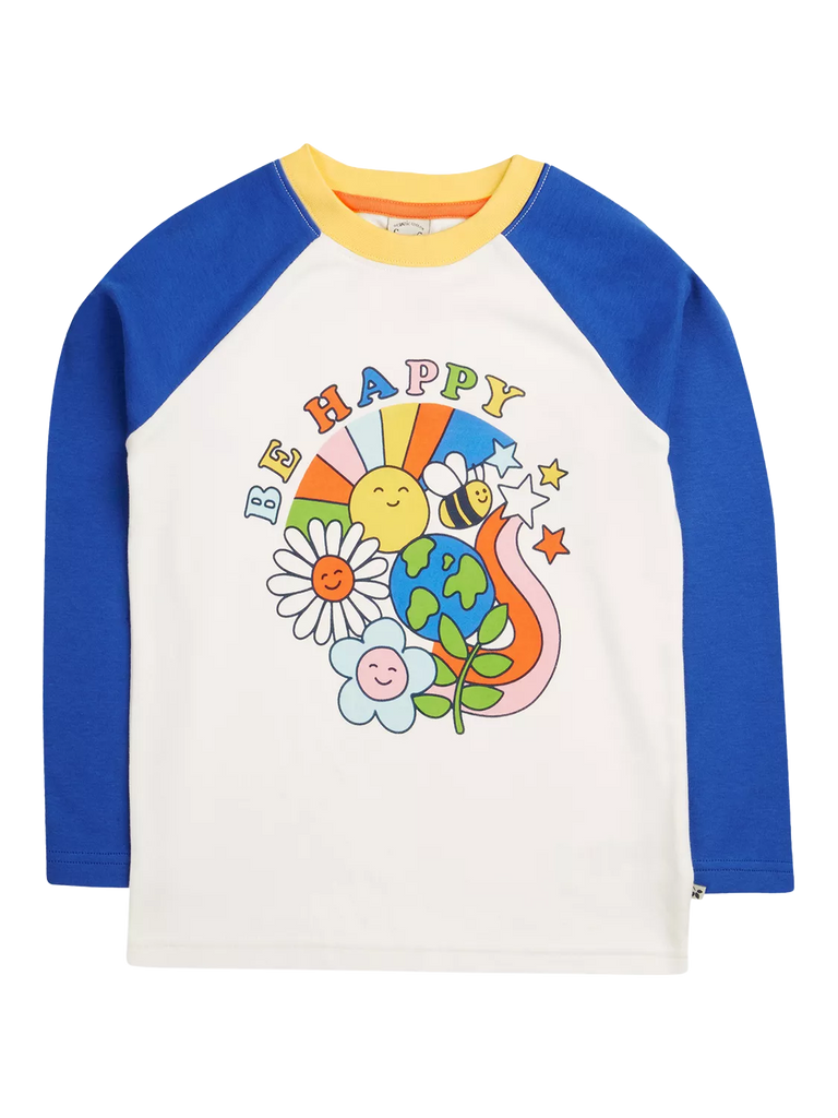 Frugi Kids' Tamar GOTS Organic Cotton Raglan Top, White/Be Happy