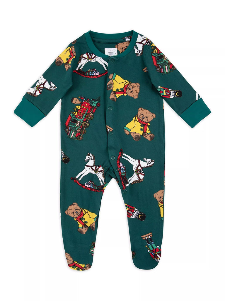 Chelsea Peers Baby Christmas Toys Print Sleepsuit, Green