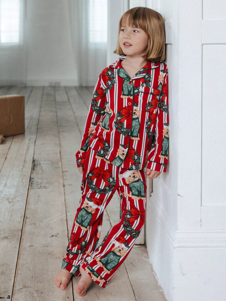 Chelsea Peers Kids' Christmas Dog & Wreath Print Long Pyjama Set, Red/Multi