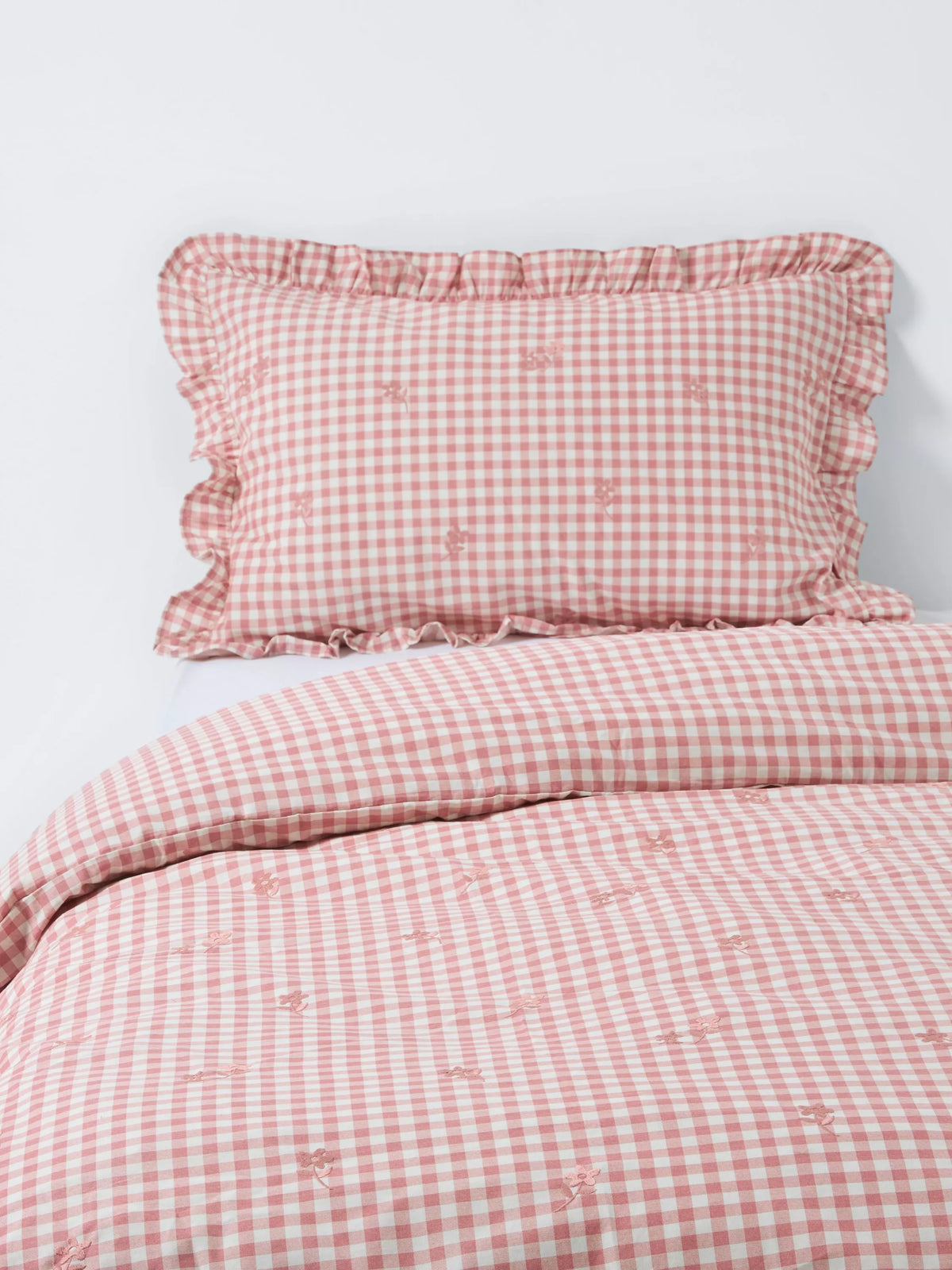 John Lewis Kids' Gingham Cotton Duvet Cover and Pillowcase Set, Pink, Double Set?