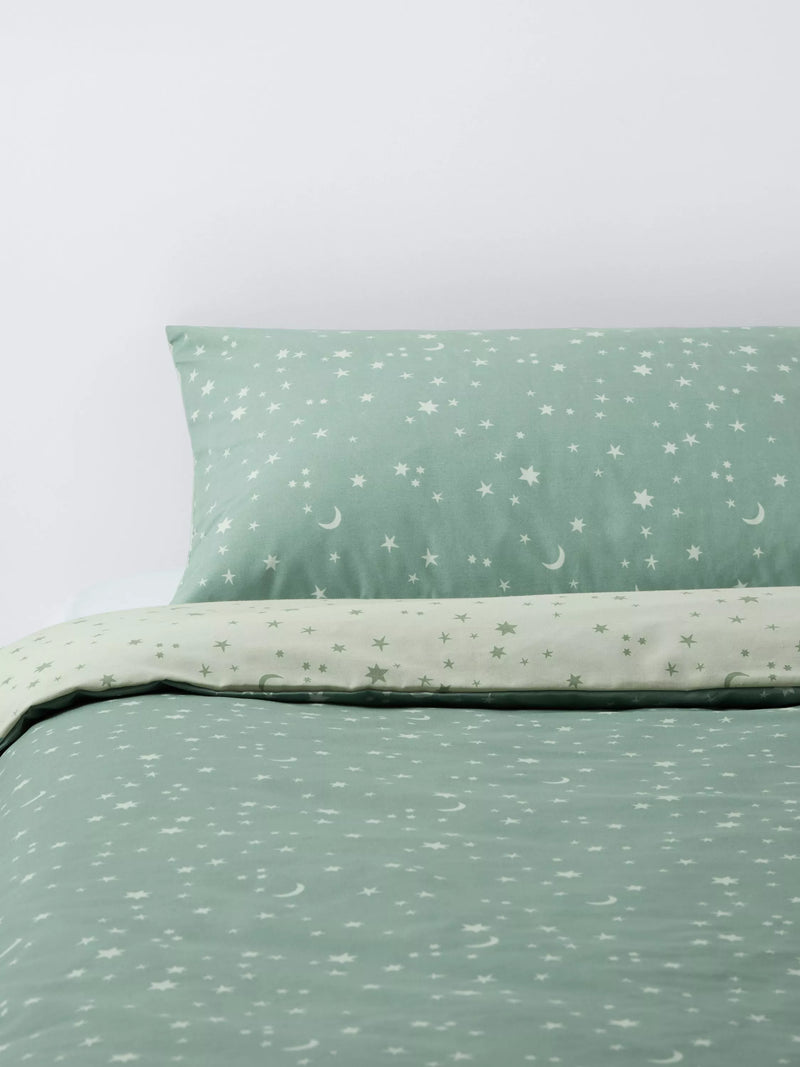 John Lewis Kids' Starry Sky Reversible Duvet Cover and Pillowcase Set, Green, Cotbed Set