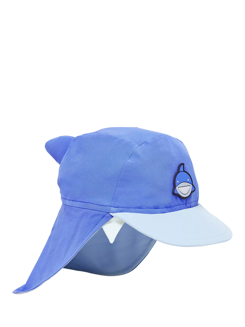 Roarsome kids' sun cap with peak and neck protector in blue, imported from the UK