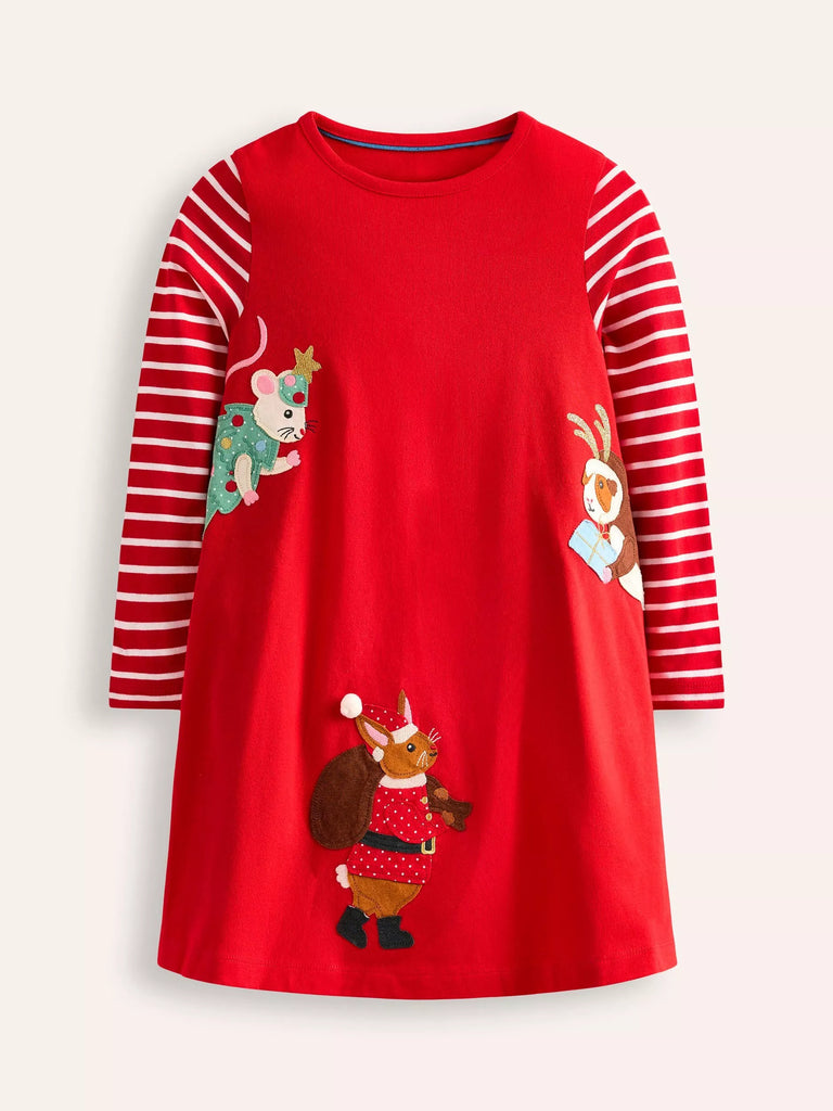 Mini Boden Kids' Elsie Cotton Christmas Big Applique Dress, Red