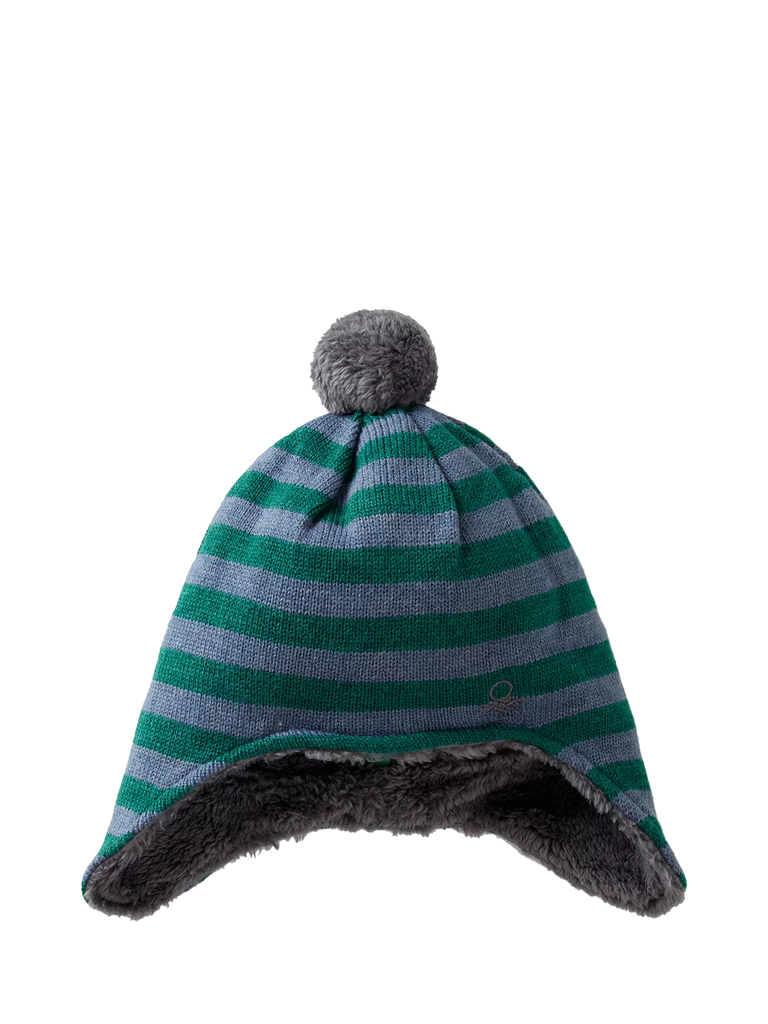 Benetton Kids' Striped Pom-Pom Knitted Hat, Green/Multi