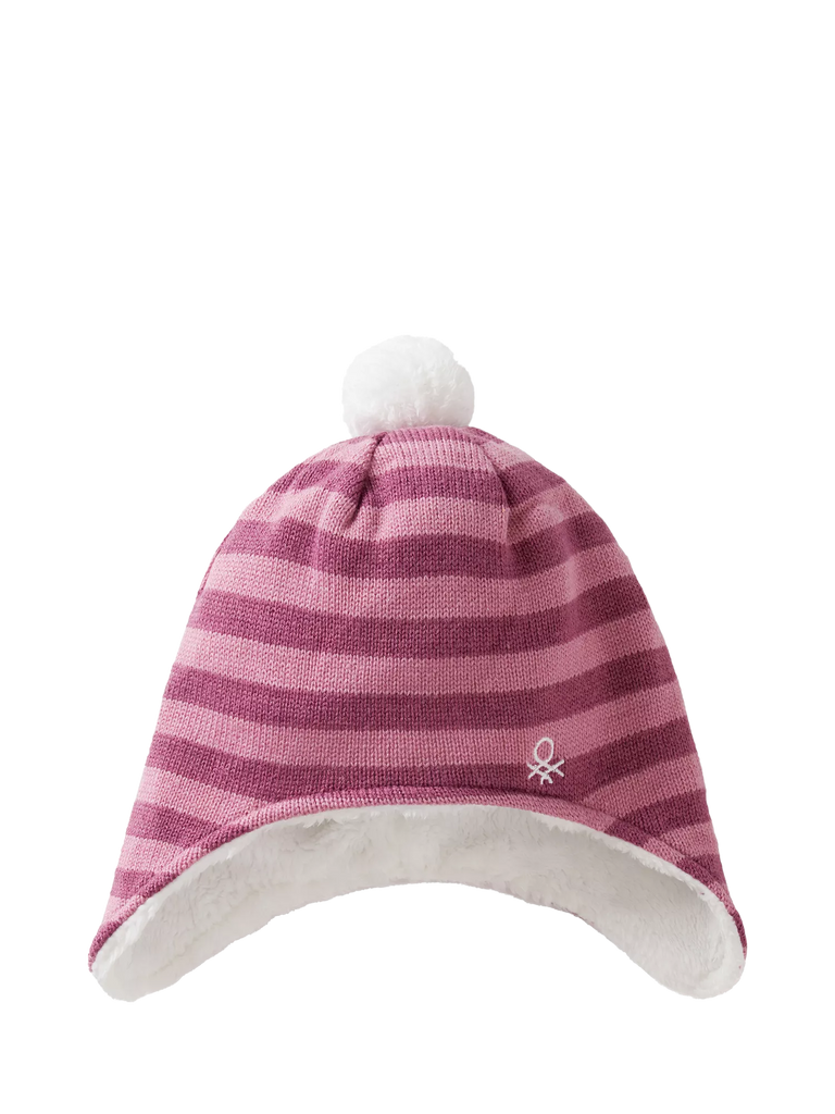 Benetton Kids' Striped Pom-Pom Knitted Hat, Rose/Multi