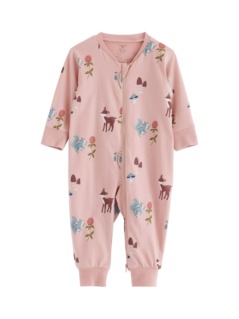 Lindex Baby Organic Cotton Forest Sleepsuit, Dusty Pink