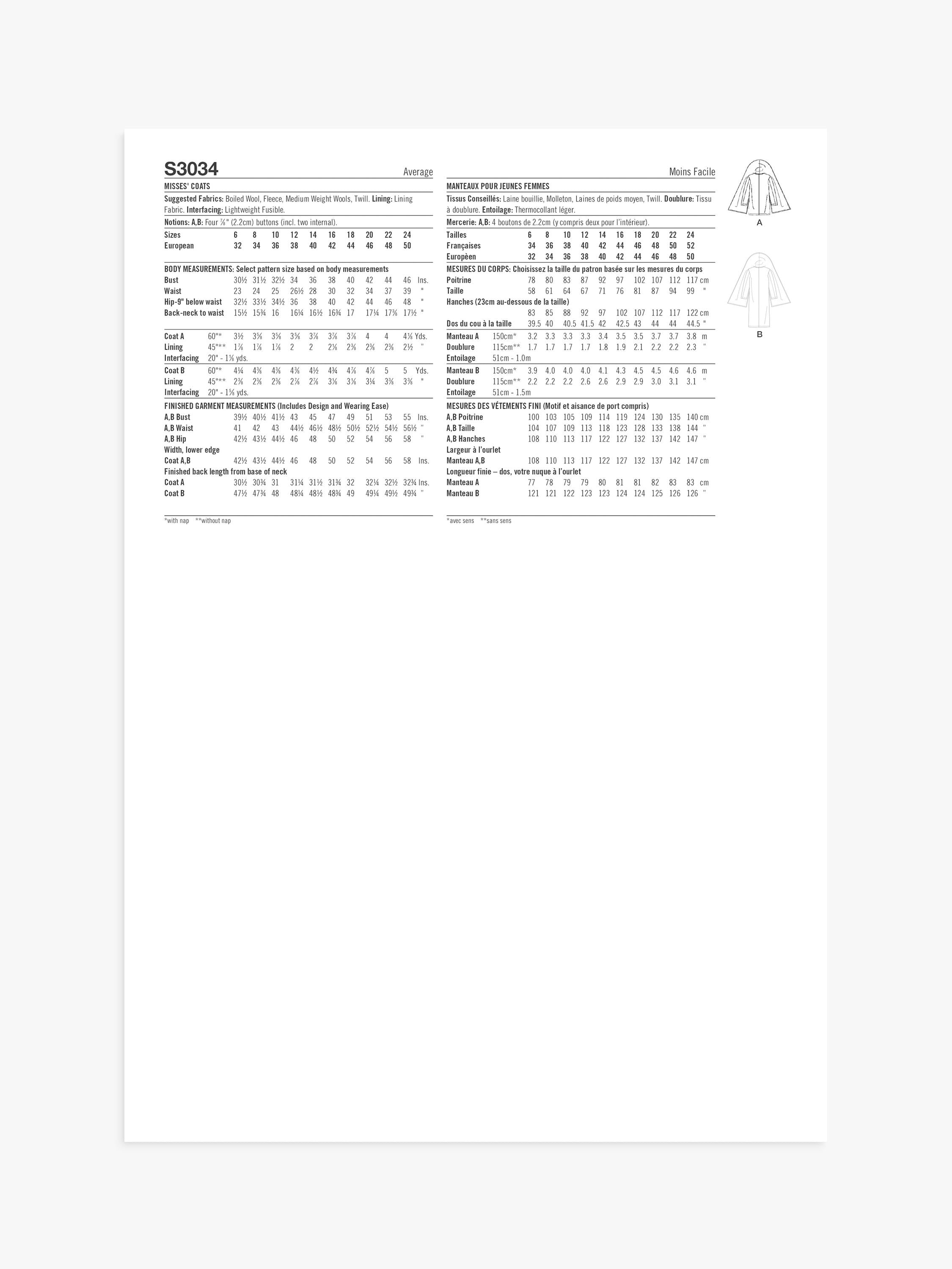 Simplicity sewing pattern Misses Coats S3034 - British product