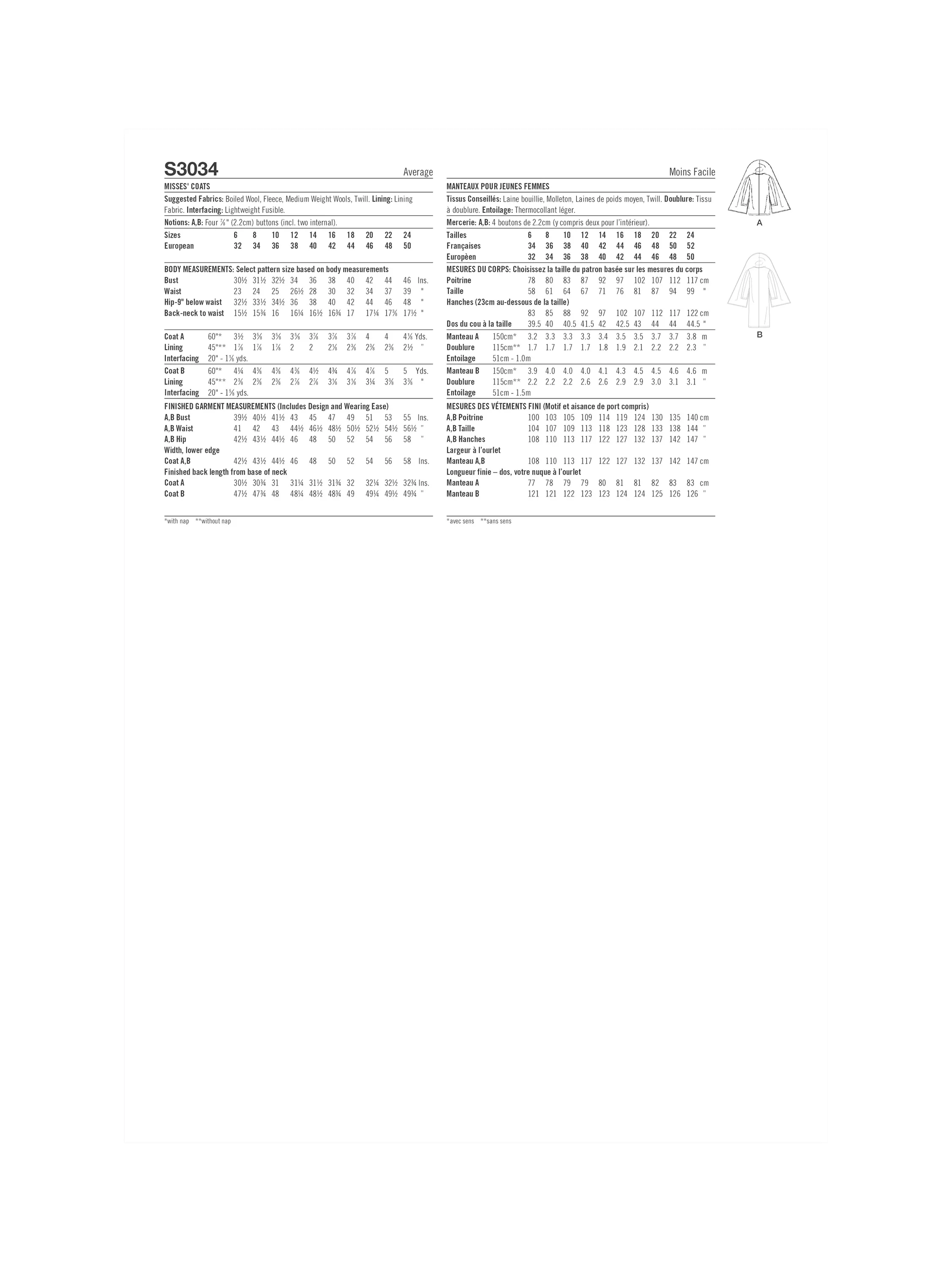 Simplicity sewing pattern Misses Coats S3034 - British product