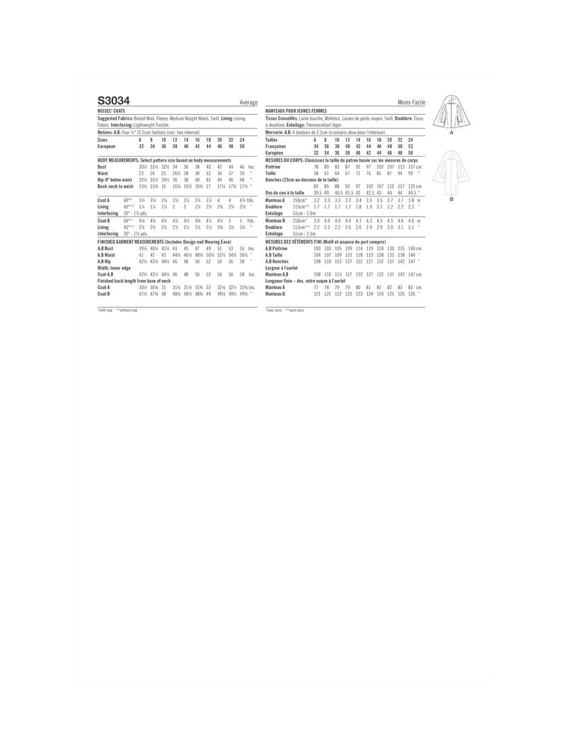 Simplicity sewing pattern Misses Coats S3034 - British product