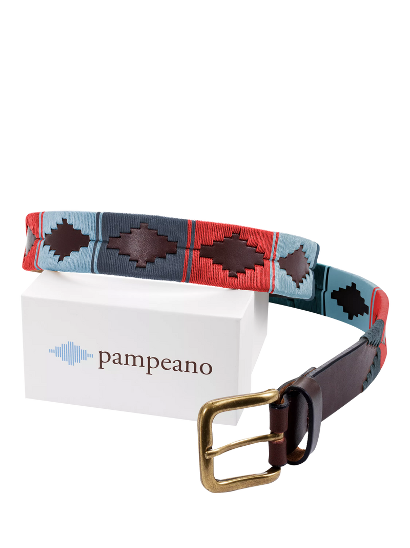 Pampeano Ceibo belt blue red stitching on leather, UK version