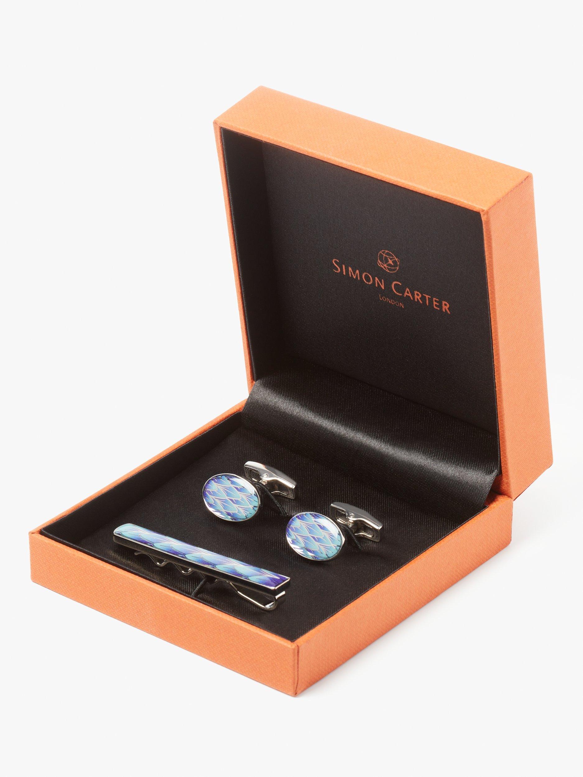 Simon Carter cufflink tie slide set blue/silver, imported from the UK