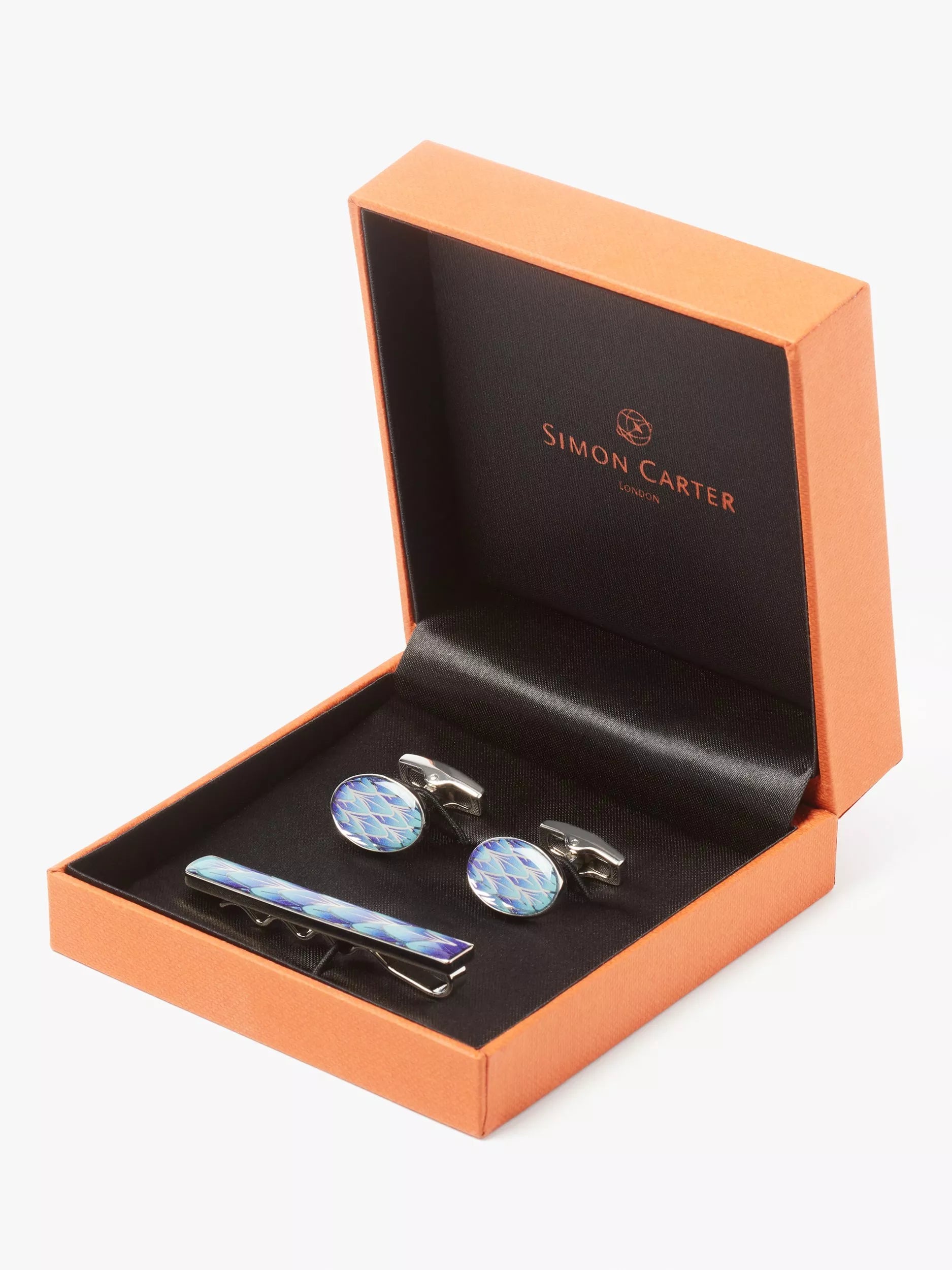 Simon Carter cufflink tie slide set blue/silver, imported from the UK
