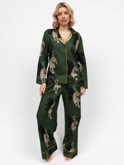Langes Pyjama-Set mit Leopardenmuster in Oliv, Baumwolle-Modal-Mischung
