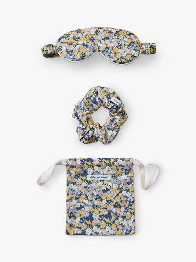 Gepolsterte Augenmaske und Haargummi-Set mit Sommer-Patchwork-Print aus Viskosesatin, inklusive Aufbewahrungsbeutel