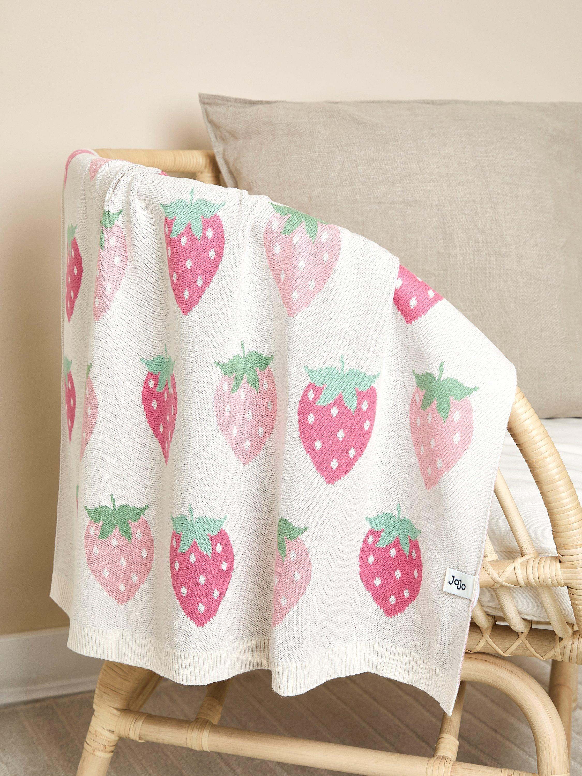 JoJo Maman Bébé pink strawberry baby blanket, imported from the UK