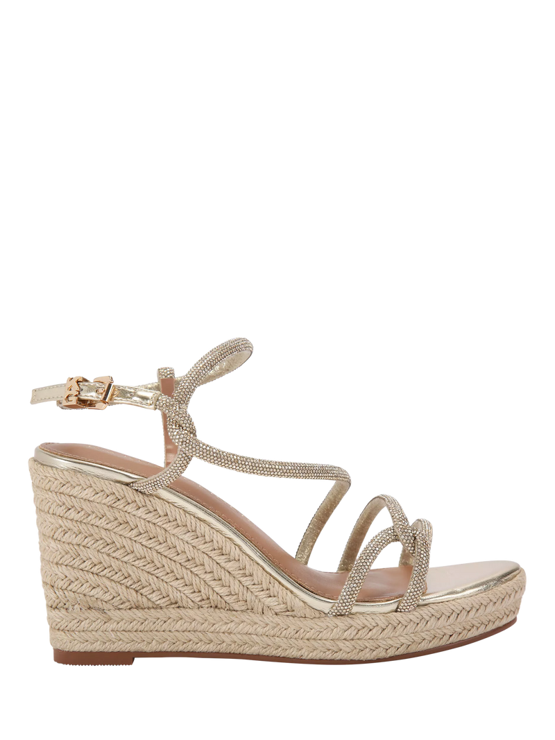 KG Kurt Geiger gold metallic wedge espadrilles with crystal straps, UK version