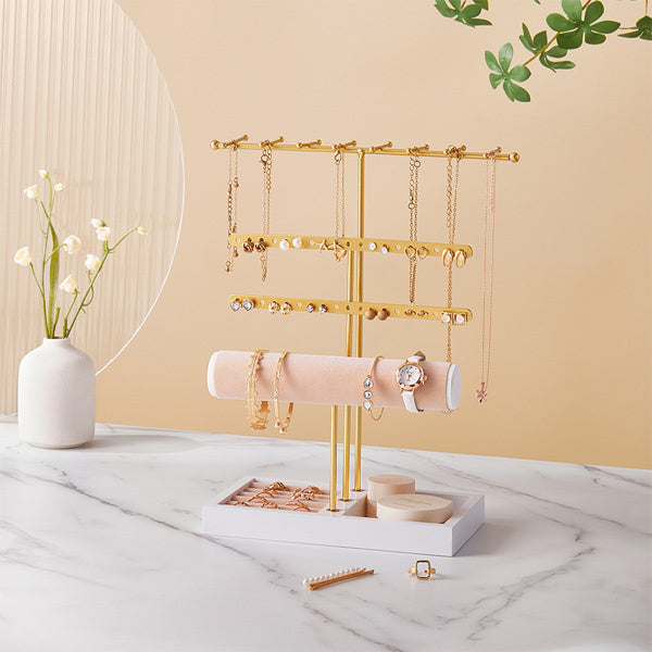 Livingandhome 4-tier jewellery display stand gold metal, imported from the UK