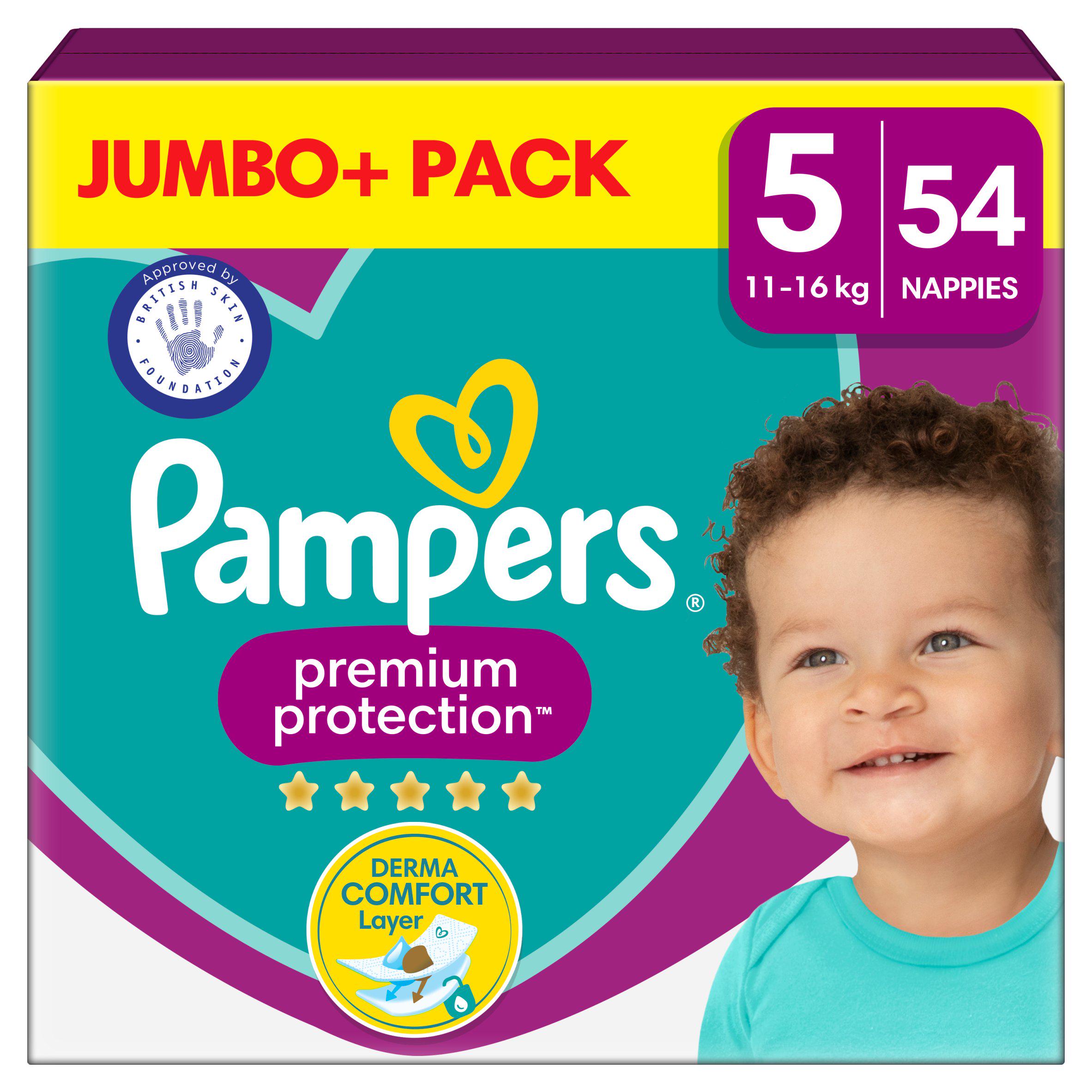 Pampers Premium Protection Jumbo+ Pack Nappies Size 5, 11kg-16kg x54 big packs Sainsburys   